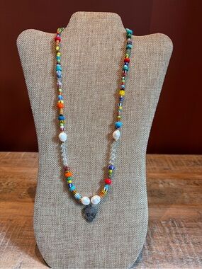 Colorful Beaded Necklace with Pearl Accents and Pave Diamond Skull 💀 Pendant